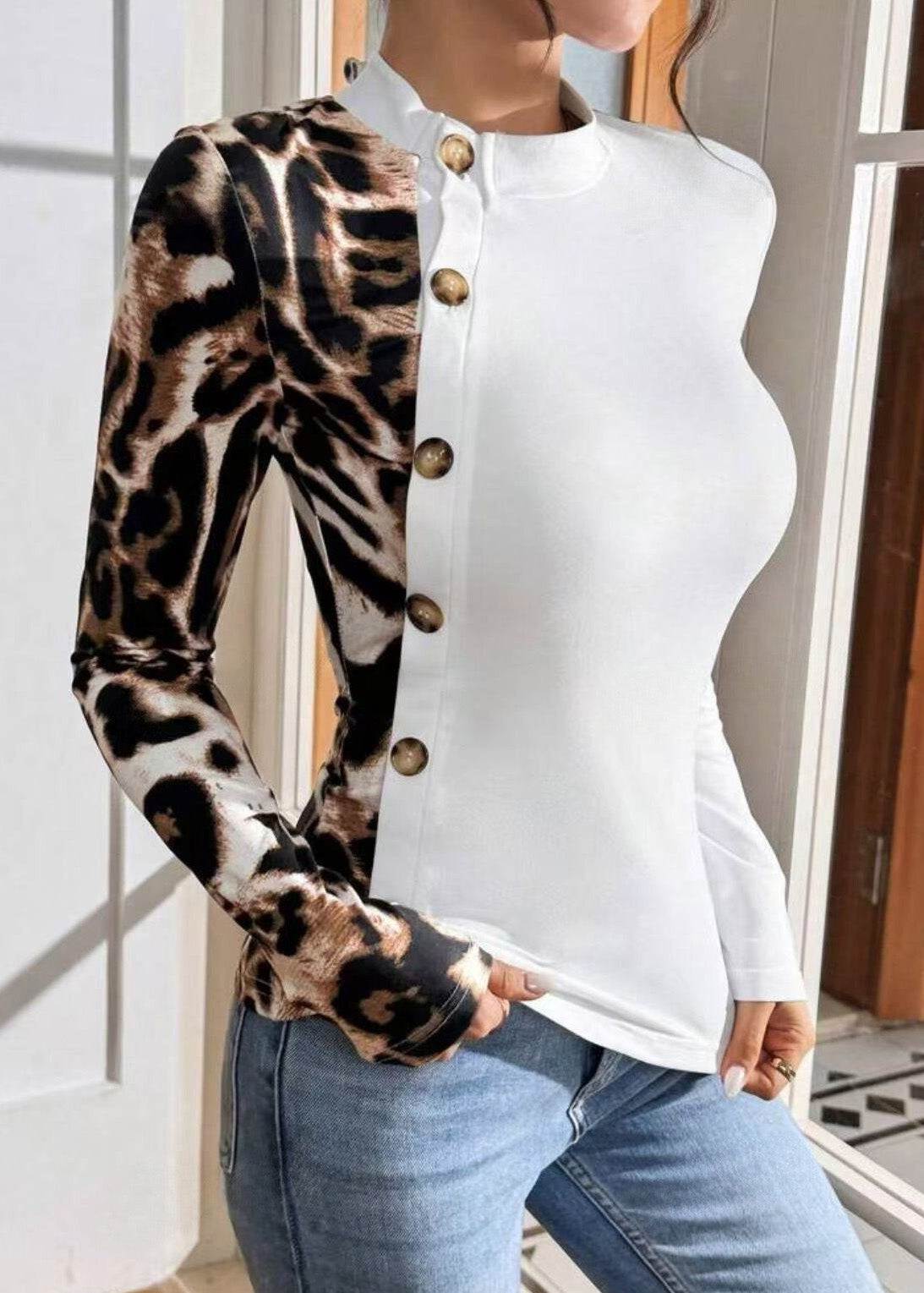 Slim Long Fit Print Sleeved Leopard Patchwork Streetwear T-Shirt
