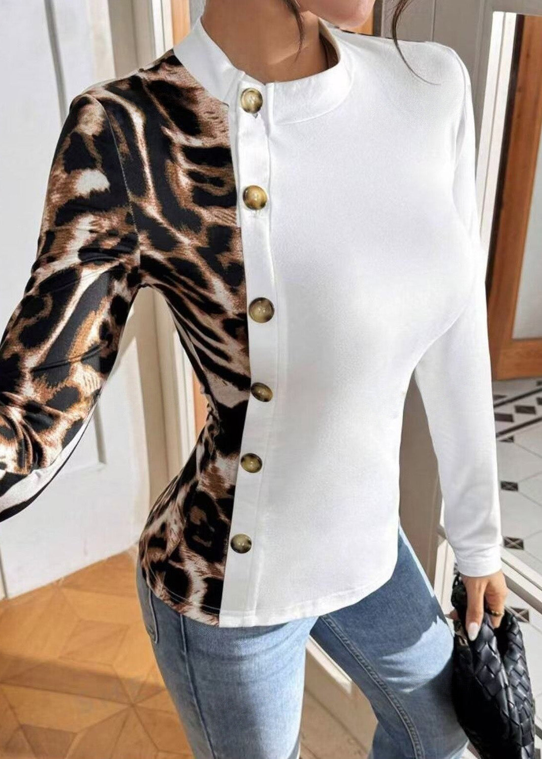 Slim Long Fit Print Sleeved Leopard Patchwork Streetwear T-Shirt