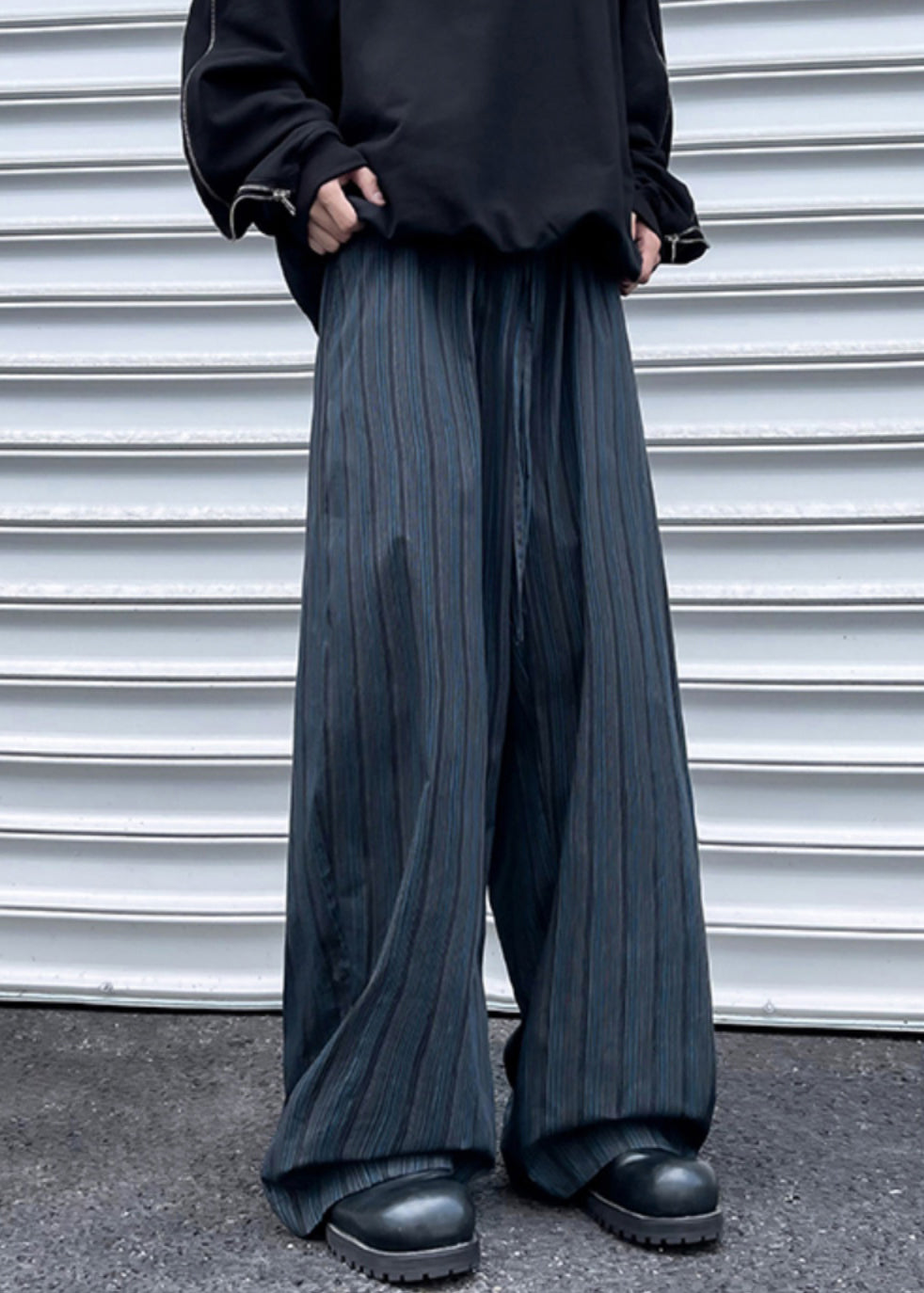 Cotton Pants Striped Black Wide Pockets Waist Mens Elastic Leg