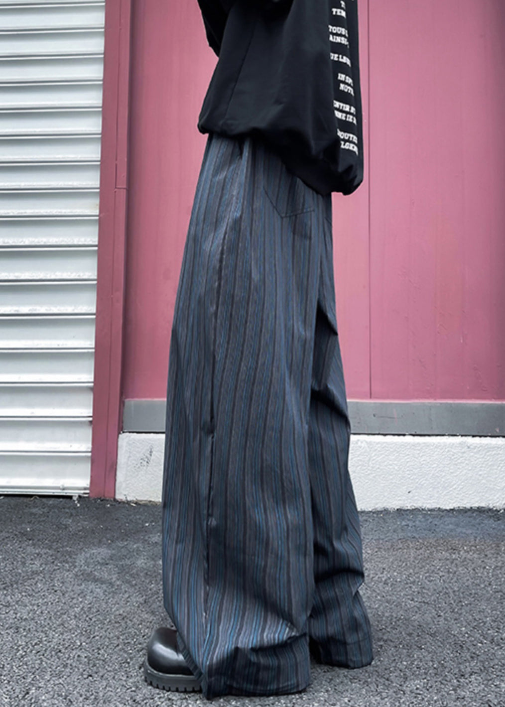 Cotton Pants Striped Black Wide Pockets Waist Mens Elastic Leg