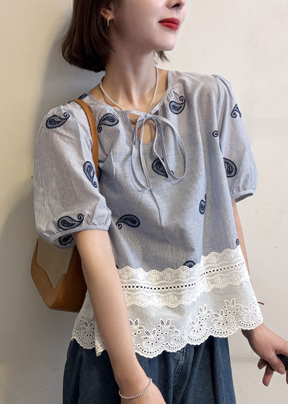 Cotton Blue Striped Blouse Hollow Patchwork Embroidered Out