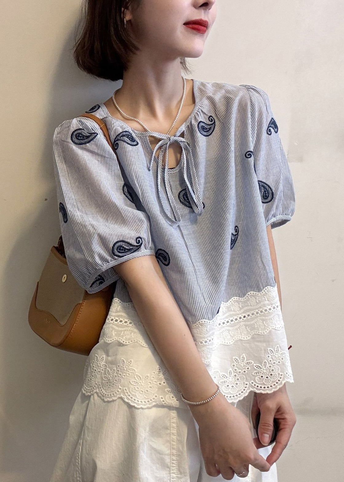 Cotton Blue Striped Blouse Hollow Patchwork Embroidered Out