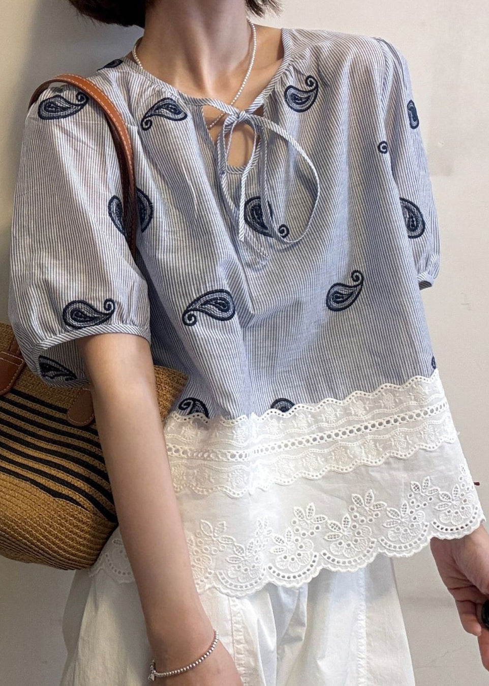 Cotton Blue Striped Blouse Hollow Patchwork Embroidered Out