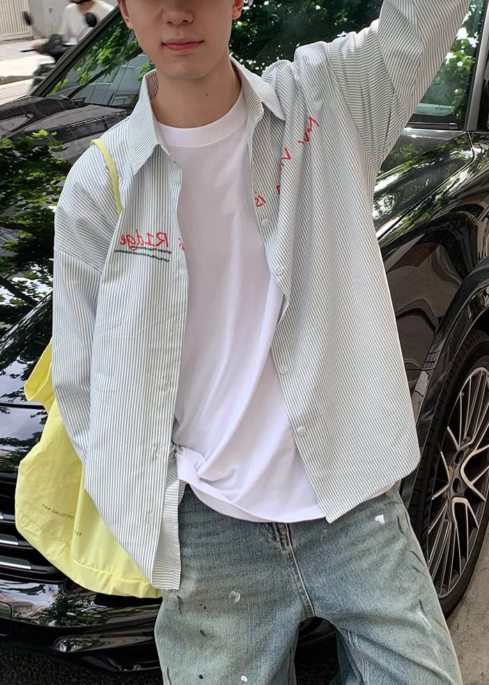 Collar Men Pan Shirts Letter Cotton Spring Blue Peter Striped