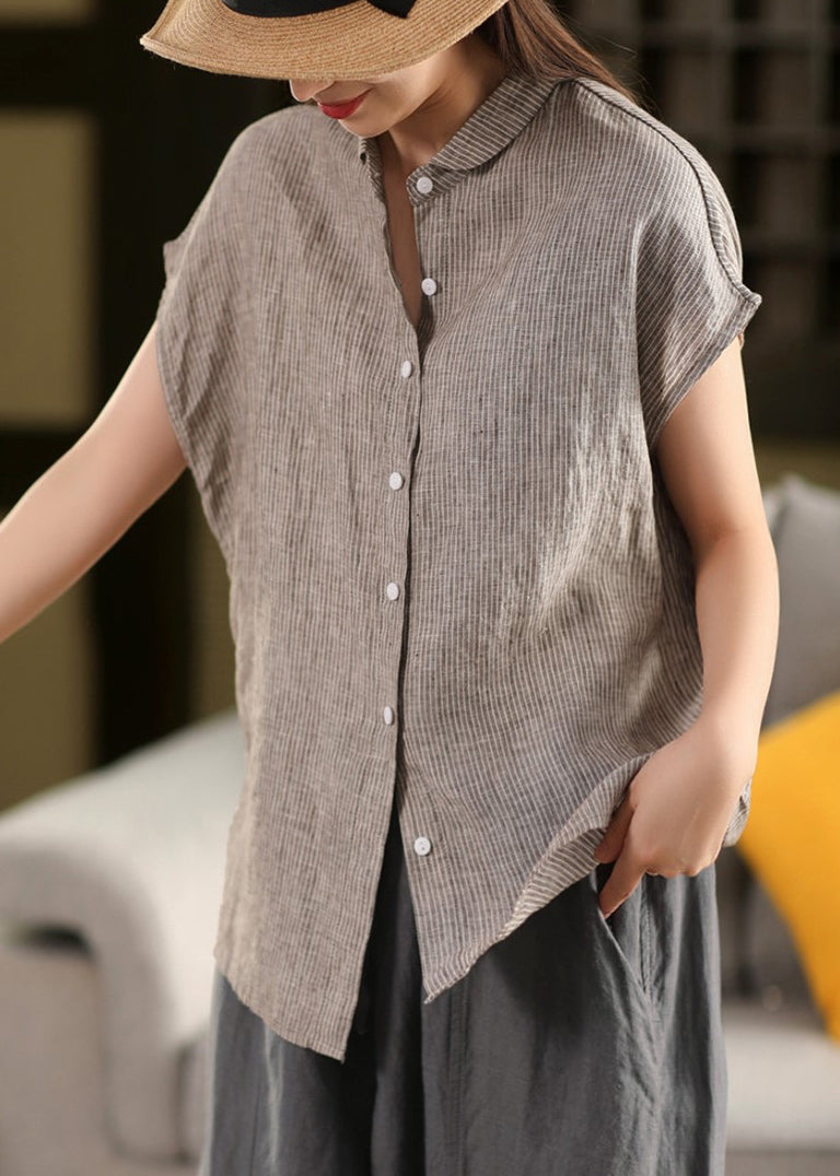 Linen Blouse Striped Summer Coffee Collar Pan Button Peter