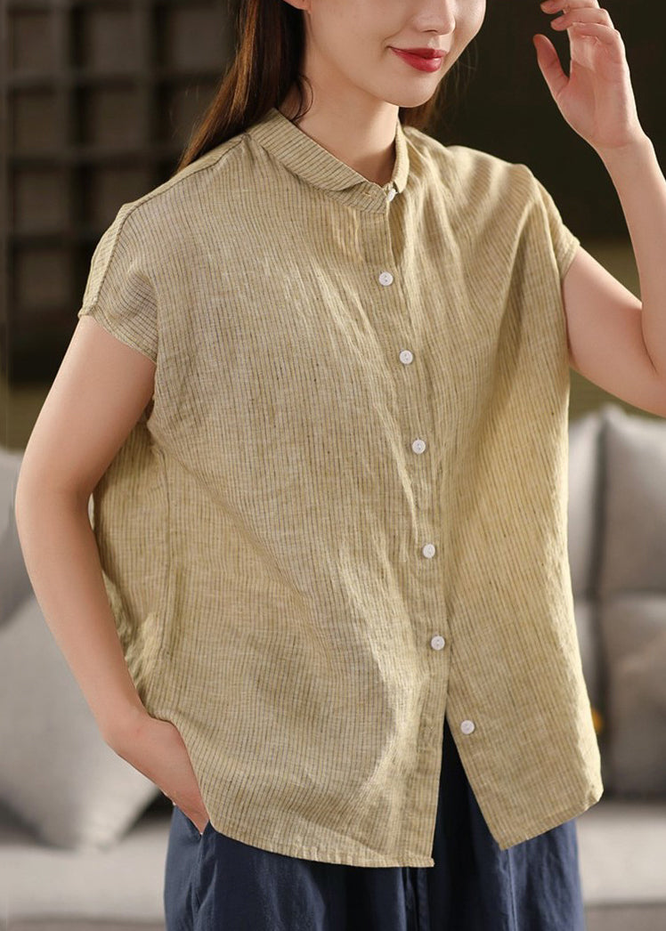 Linen Blouse Striped Summer Coffee Collar Pan Button Peter