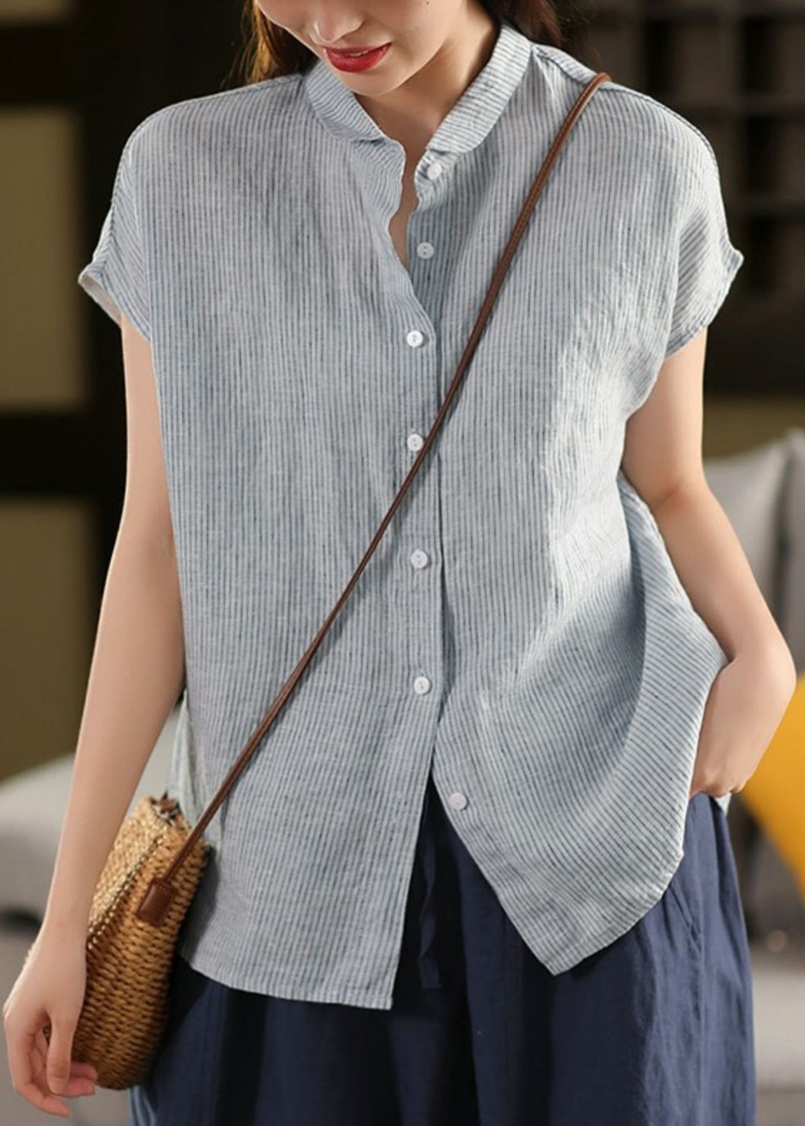 Linen Blouse Striped Summer Coffee Collar Pan Button Peter
