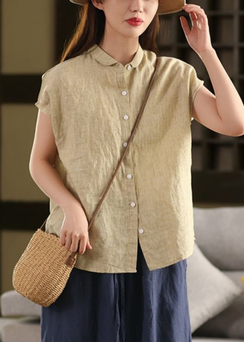 Linen Blouse Striped Summer Coffee Collar Pan Button Peter