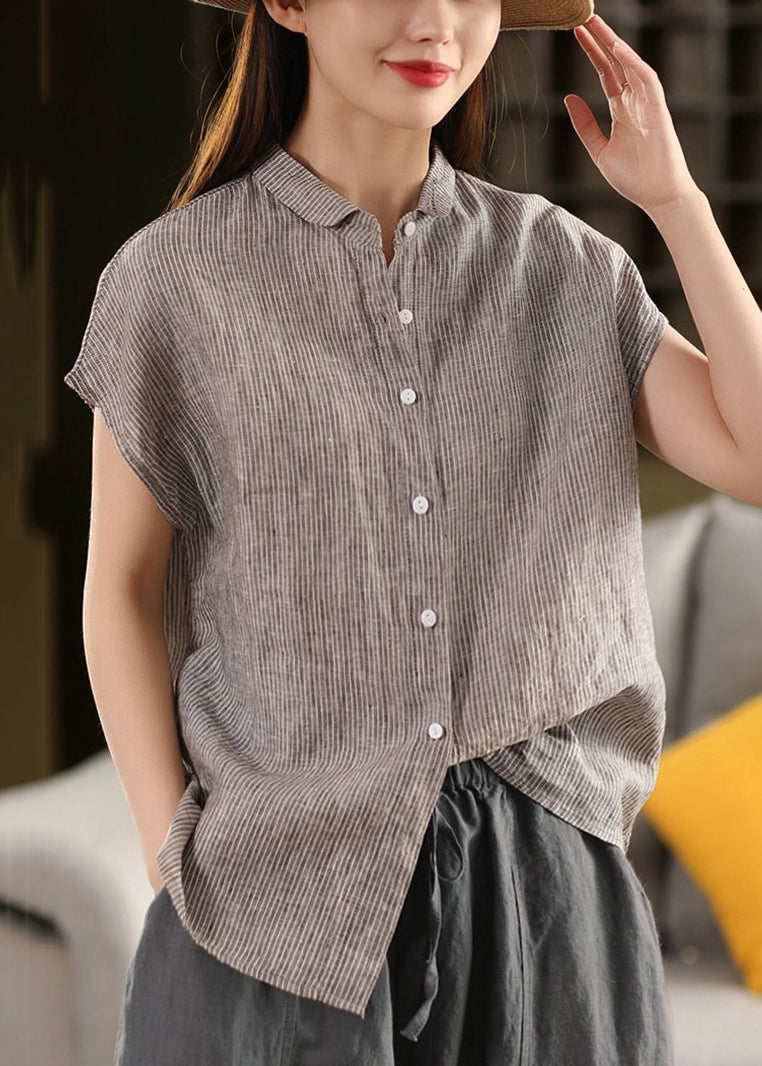 Linen Blouse Striped Summer Coffee Collar Pan Button Peter