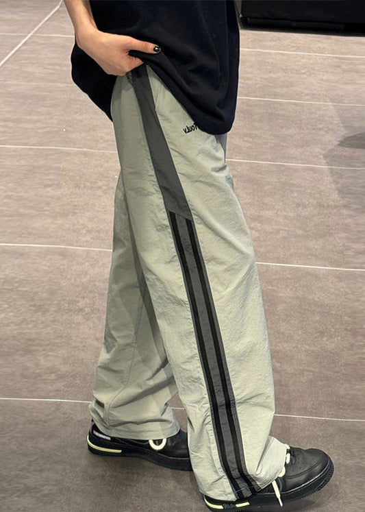 Patchwork Elastic Mens Thin Green Pants Cotton Striped Waist