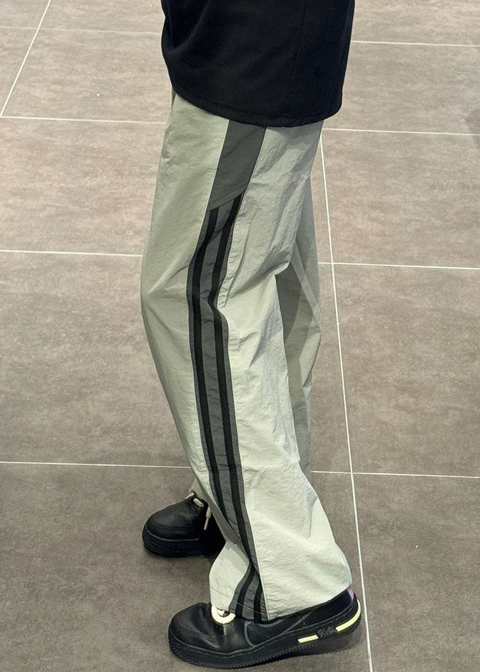 Patchwork Elastic Mens Thin Green Pants Cotton Striped Waist