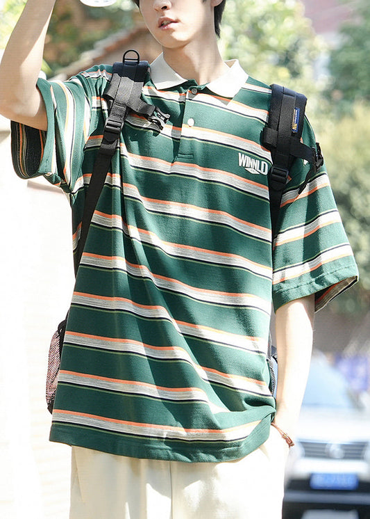 Polo Green Striped Button Shirt Letter Cotton Summer Men