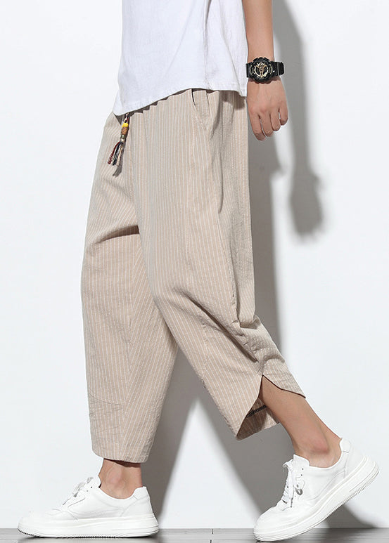 Pockets Cotton Lace Crop Mens Striped Khaki Up Summer Pants