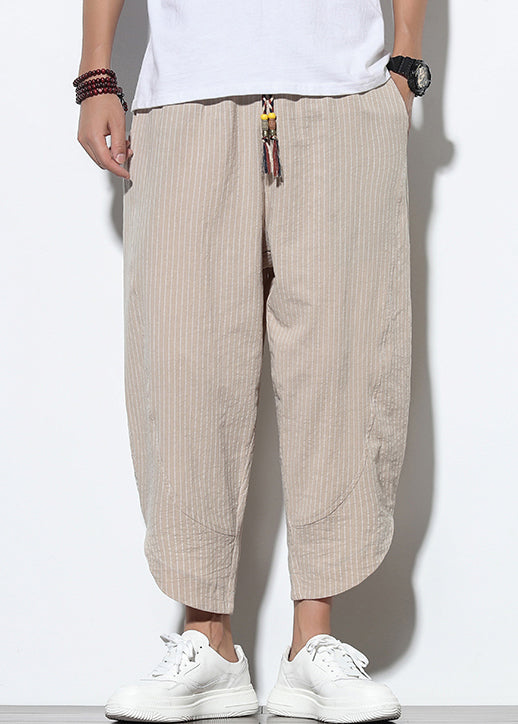 Pockets Cotton Lace Crop Mens Striped Khaki Up Summer Pants