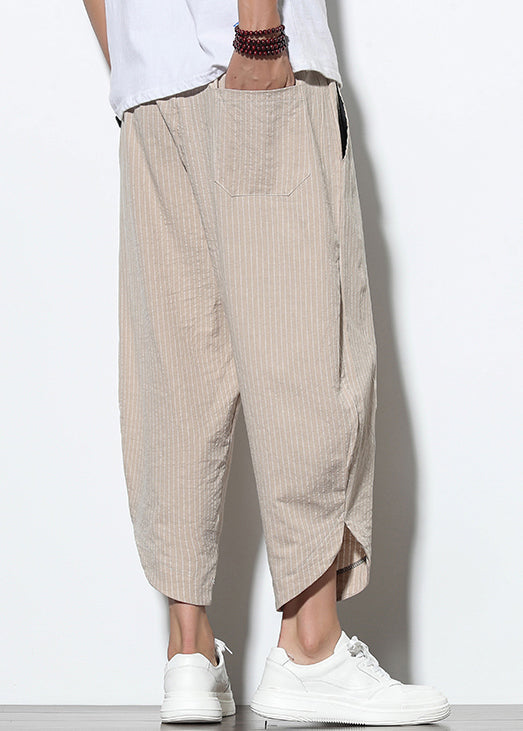 Pockets Cotton Lace Crop Mens Striped Khaki Up Summer Pants