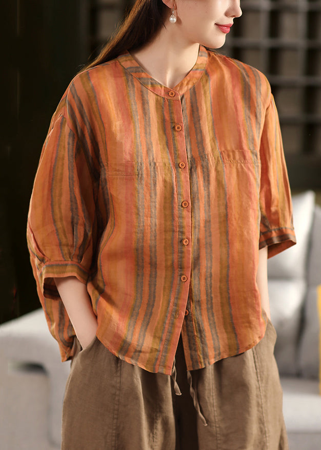 O-Neck Linen Striped Fall Orange Button Blouse
