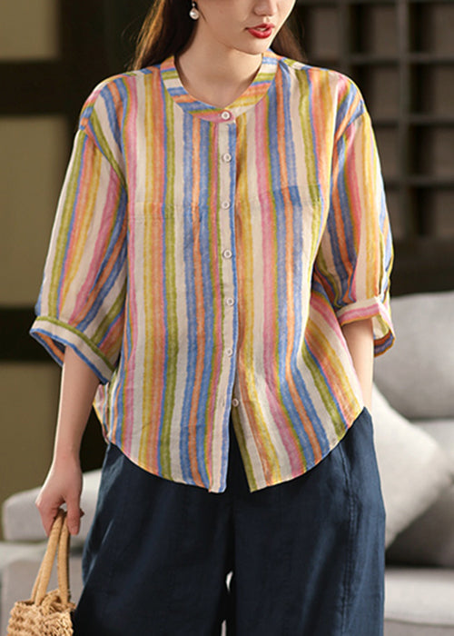 O-Neck Linen Striped Fall Orange Button Blouse