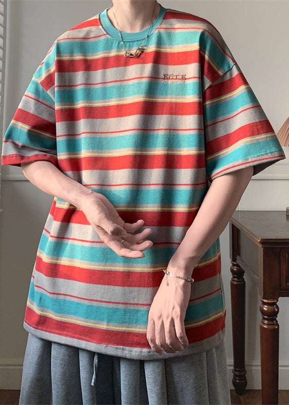 Cotton T Striped Shirts Red Men Half O Patchwork Sleeve Neck