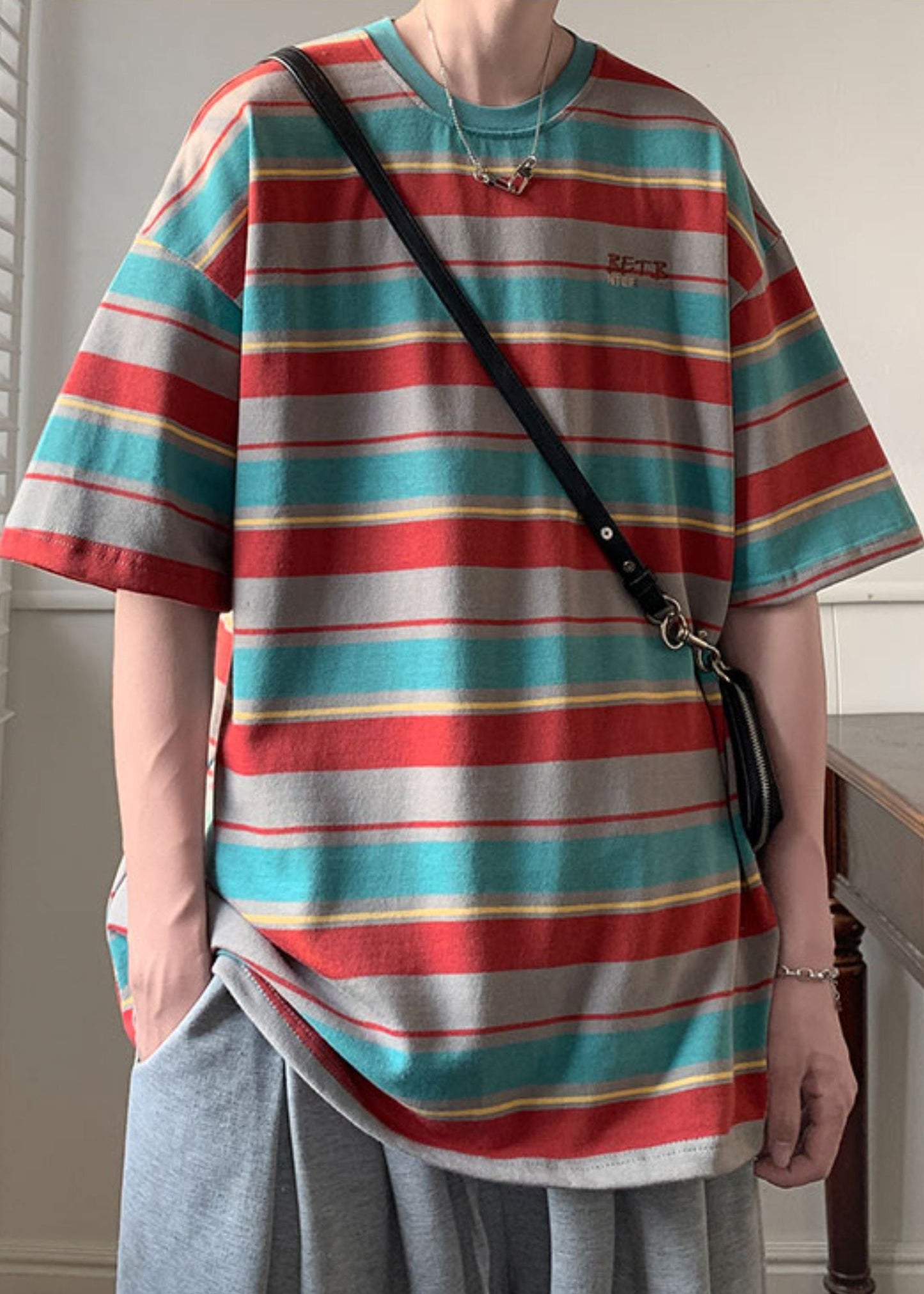 Cotton T Striped Shirts Red Men Half O Patchwork Sleeve Neck