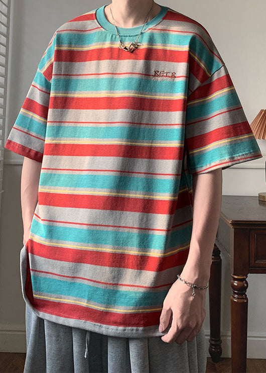 Cotton T Striped Shirts Red Men Half O Patchwork Sleeve Neck
