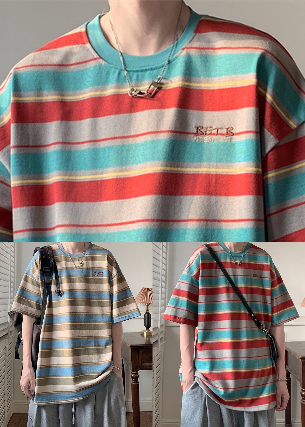 Cotton T Striped Shirts Red Men Half O Patchwork Sleeve Neck
