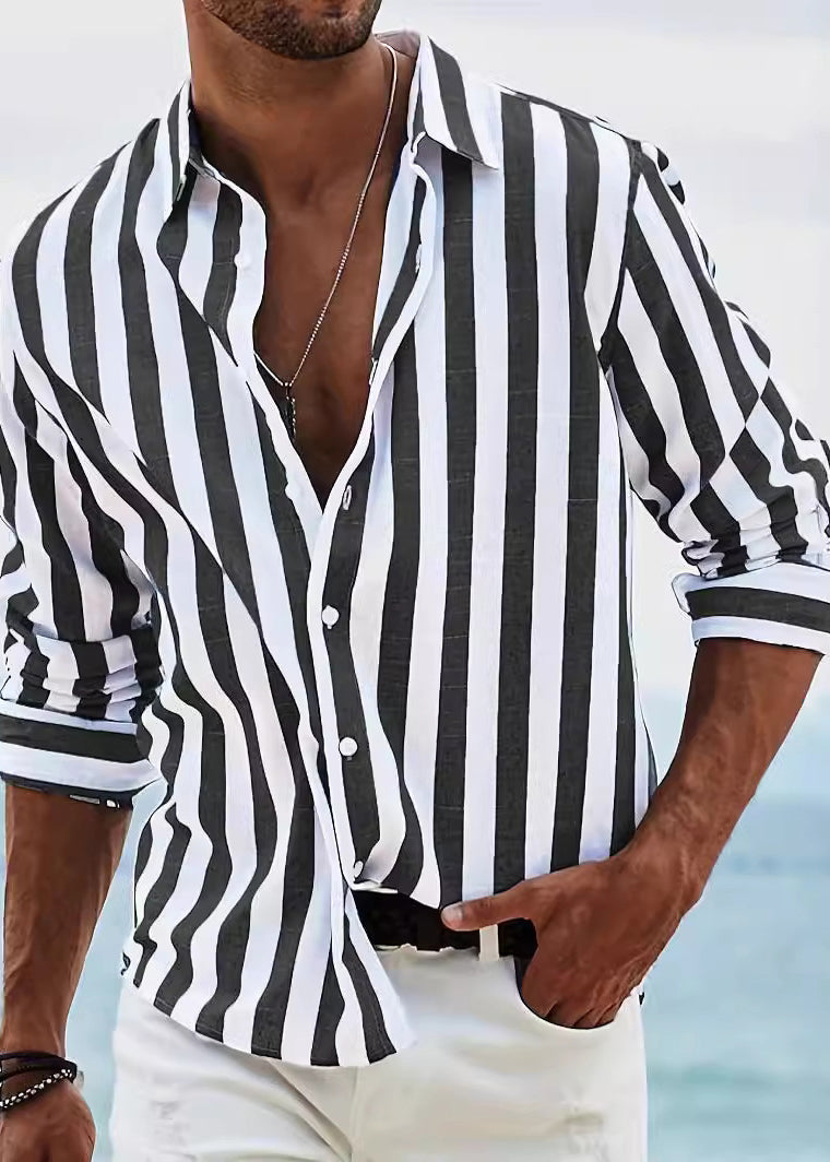 Fall Collar Pan Cotton Shirts Men Peter Button Red Striped