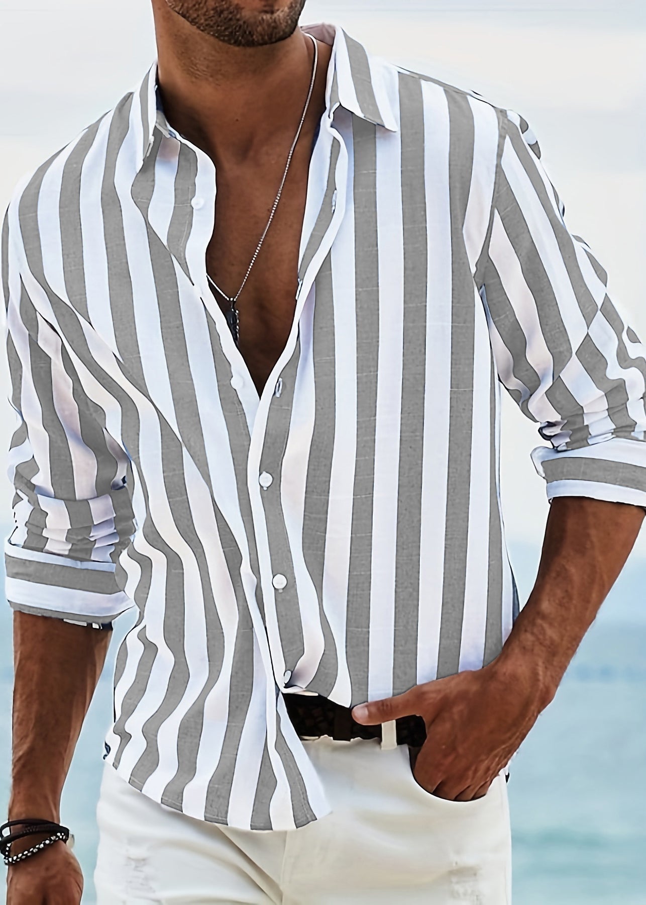 Fall Collar Pan Cotton Shirts Men Peter Button Red Striped