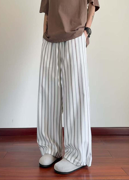 Pockets Striped Waist Men Cotton Elastic Leg Wide Pants White
