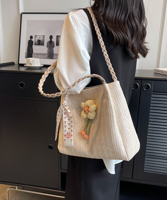 Bag Straw Capacity Beige Woven Shoulder Large Style