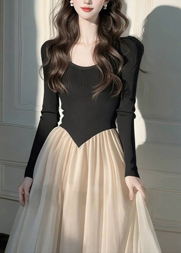 Dress Long Patchwork Style Knit Wrinkled Black