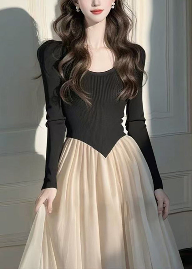 Dress Long Patchwork Style Knit Wrinkled Black