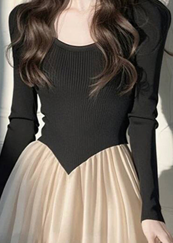 Dress Long Patchwork Style Knit Wrinkled Black