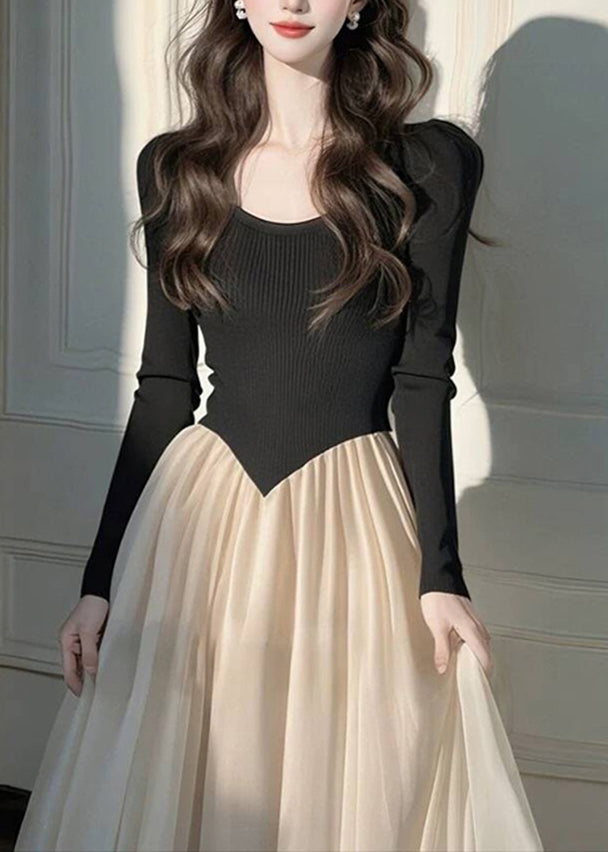 Dress Long Patchwork Style Knit Wrinkled Black