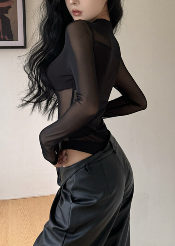 O-Neck Black Patchwork Style Bodysuit Mesh