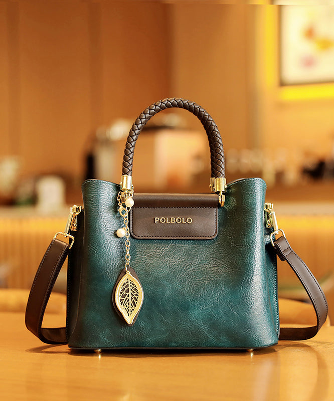 Style Solid Calf Leather Tote Black Handbag Durable