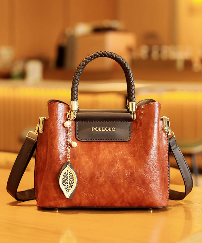 Style Solid Calf Leather Tote Black Handbag Durable