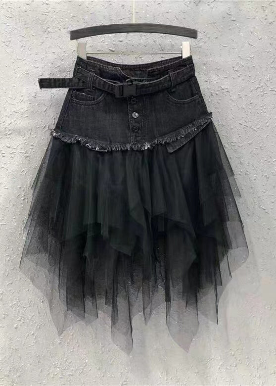 Style Blue Asymmetrical Tulle Patchwork Denim Skirts Summer QQ1052