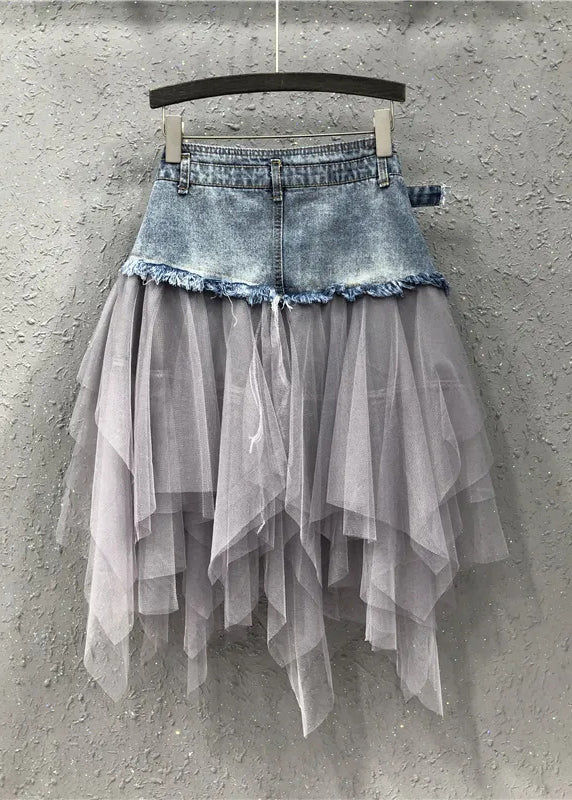 Style Blue Asymmetrical Tulle Patchwork Denim Skirts Summer QQ1052