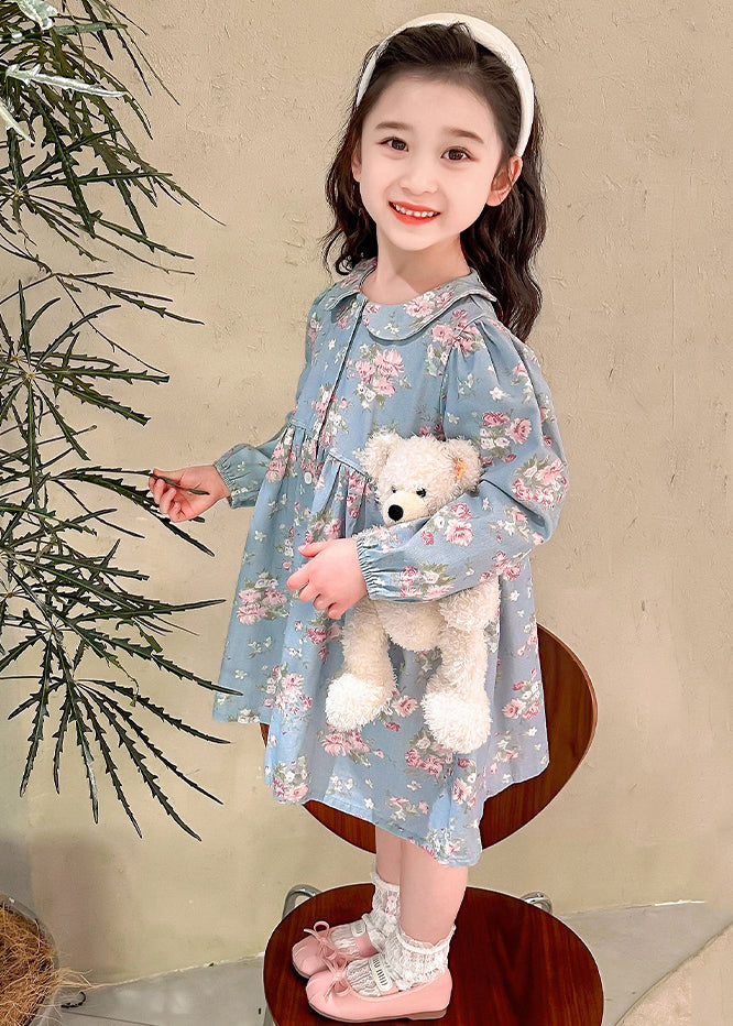 Style Blue Peter Pan Collar Patchwork Kids Maxi Dress Fall SS1043