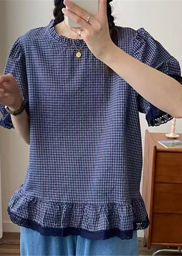 Plaid Lace Blue Top Style Summer Patchwork