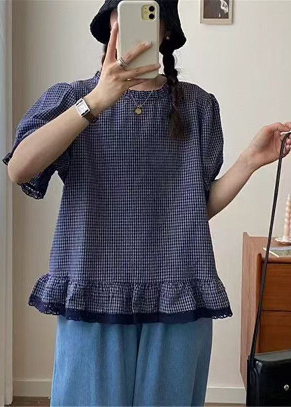 Plaid Lace Blue Top Style Summer Patchwork