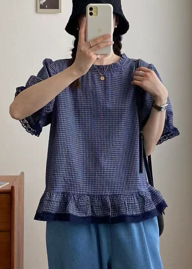 Plaid Lace Blue Top Style Summer Patchwork