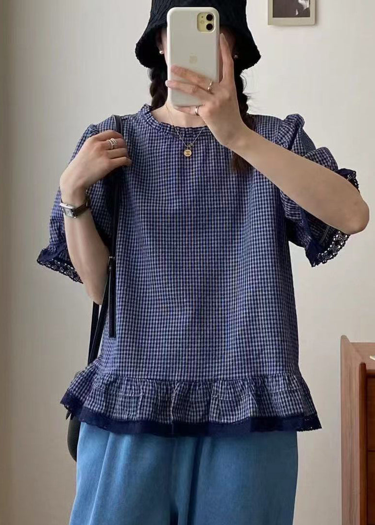 Plaid Lace Blue Top Style Summer Patchwork