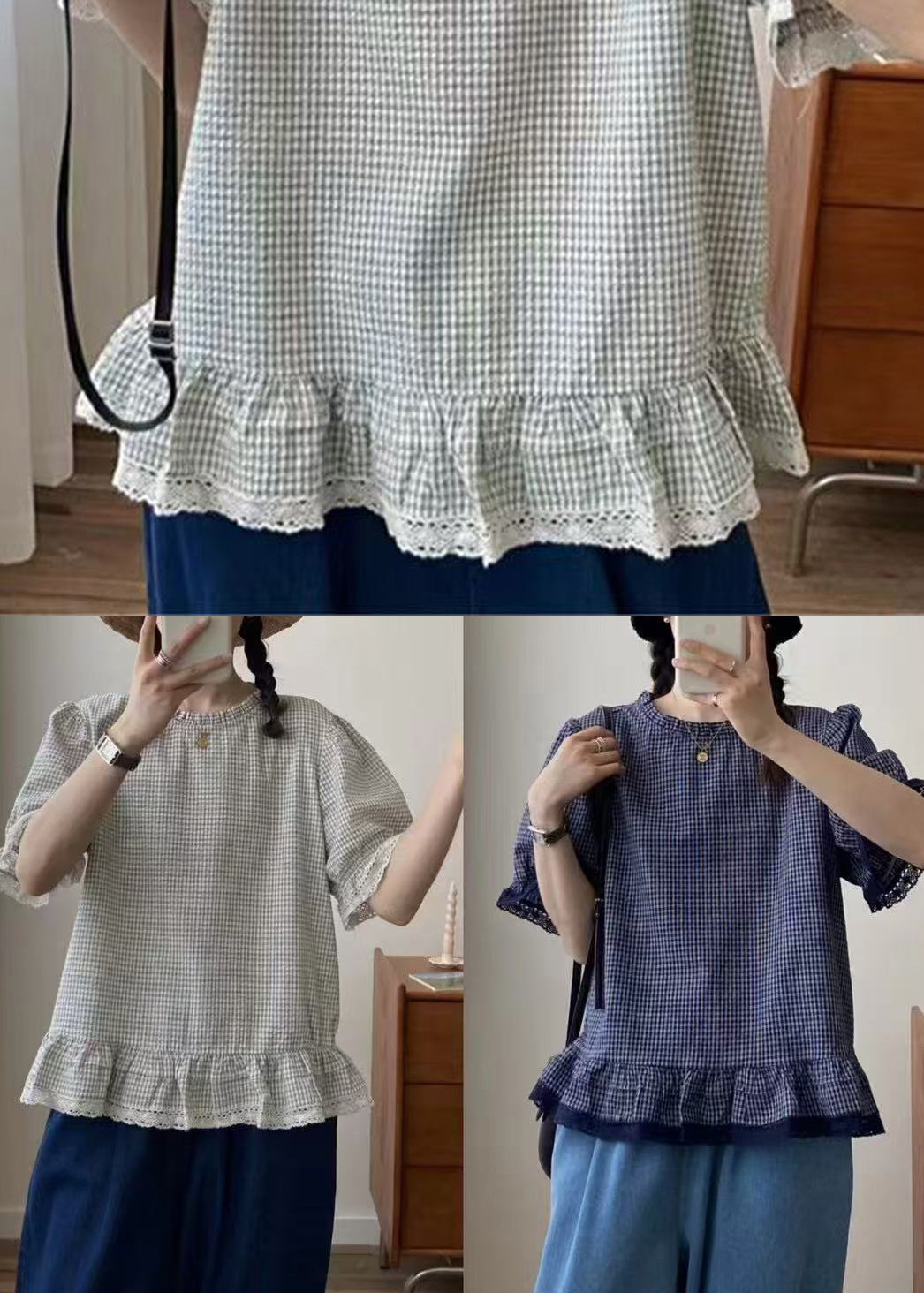 Plaid Lace Blue Top Style Summer Patchwork