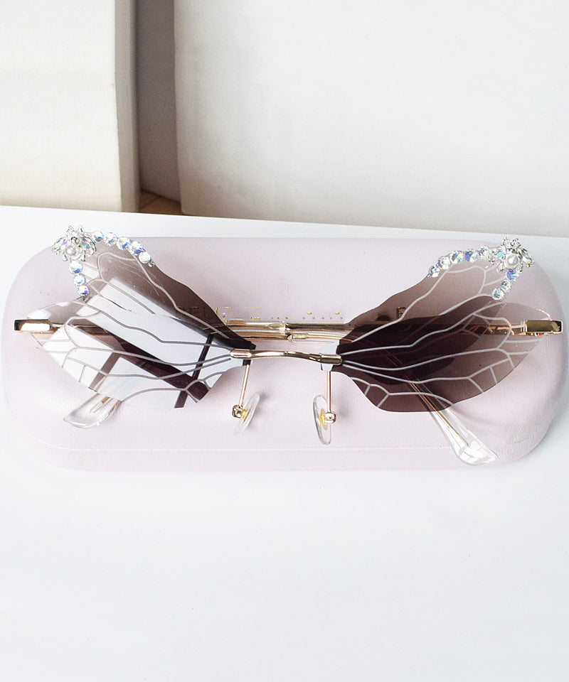 Lunettes de soleil style papillon abeille sans cadre avec diamants incrustés marron XS1085