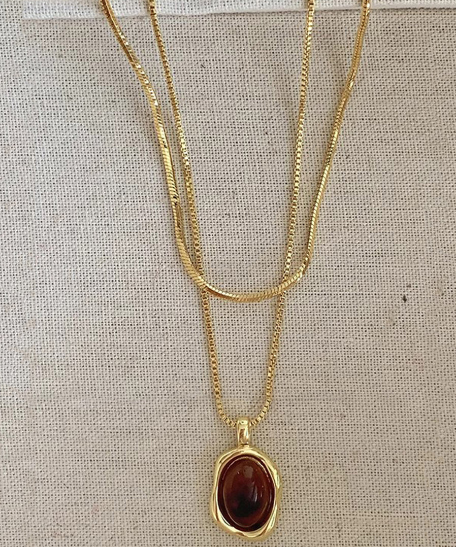 Style Pendant Piece Copper Overgild Set Amber Gold Two Necklace