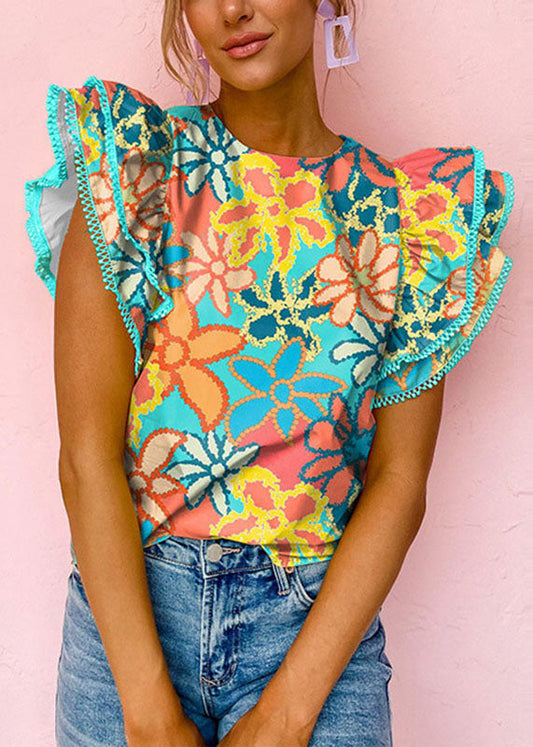 Summer Shirt T Print Style O-Neck Ruffled Green