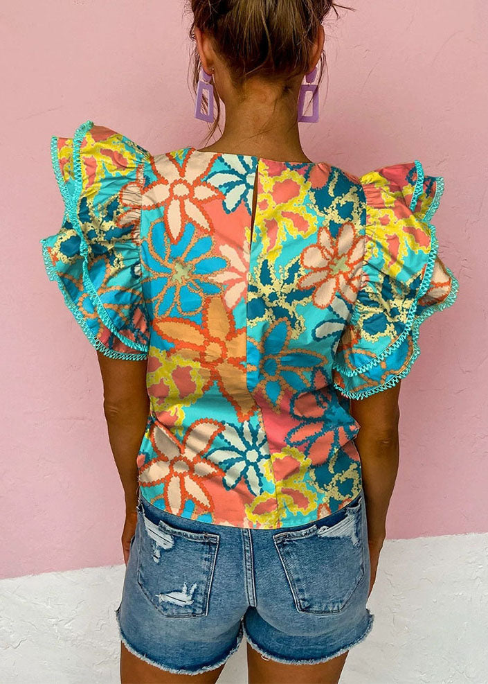 Summer Shirt T Print Style O-Neck Ruffled Green
