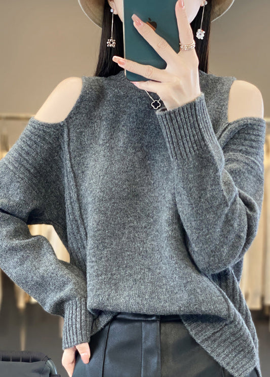 Style Grey O-Neck Cold Shoulder Woolen Knit Sweaters Spring YY038