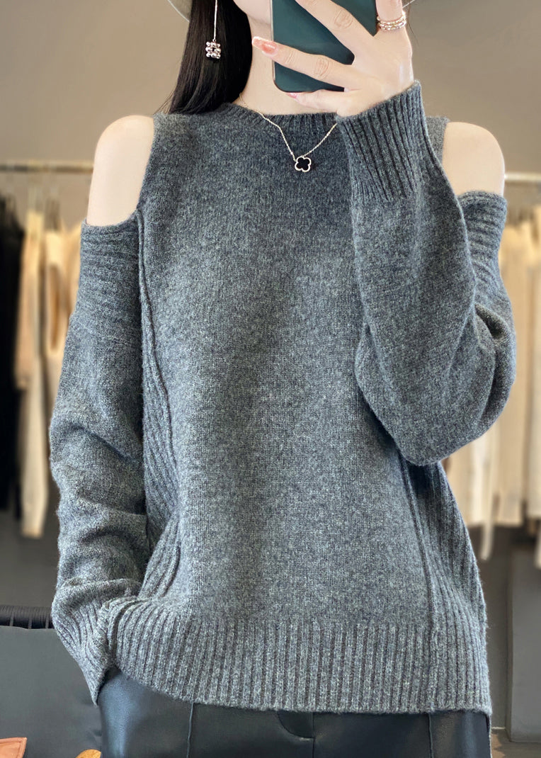 Style Grey O-Neck Cold Shoulder Woolen Knit Sweaters Spring YY038